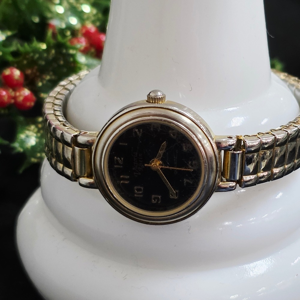 1990's Victoria Rhein Quartz Watch Women Two Tone Metal Band Black Dial Dressy‎